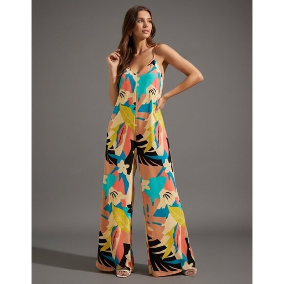 Boho Tropical Print Wide Leg Cami Jumpsuit - Picture 1 of 7